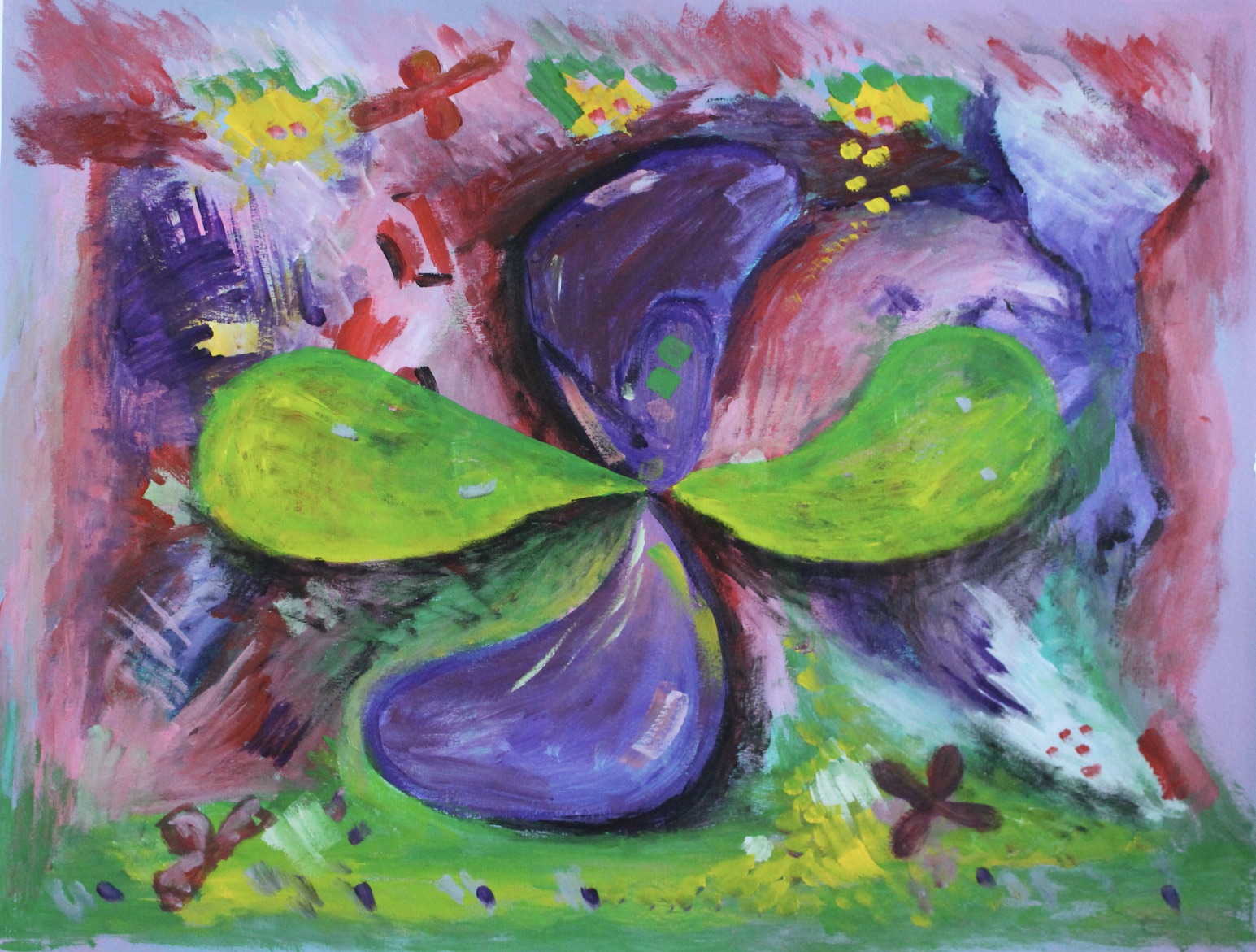 Green and purple biomorphic form on paper
